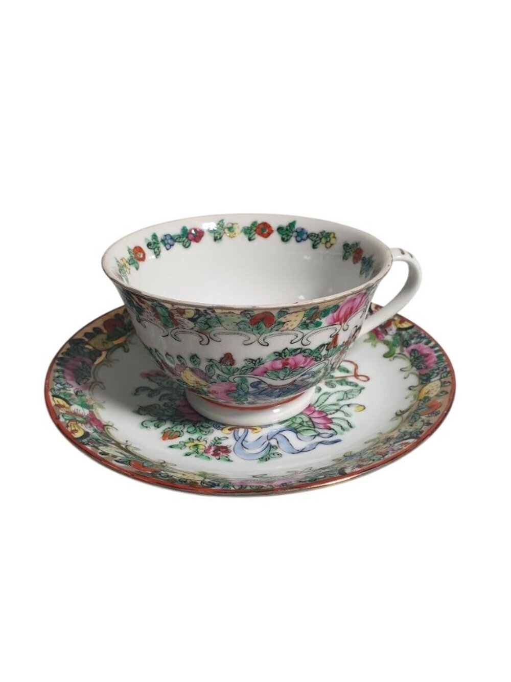 Vintage Qianlong Chinese Famille Rose Flower Basket Butterfly Hand Painted Tea C